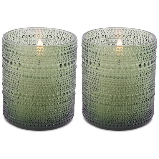 Melrose 4" Green LED Soy Candles in Textured Glass Jars, 2ct.